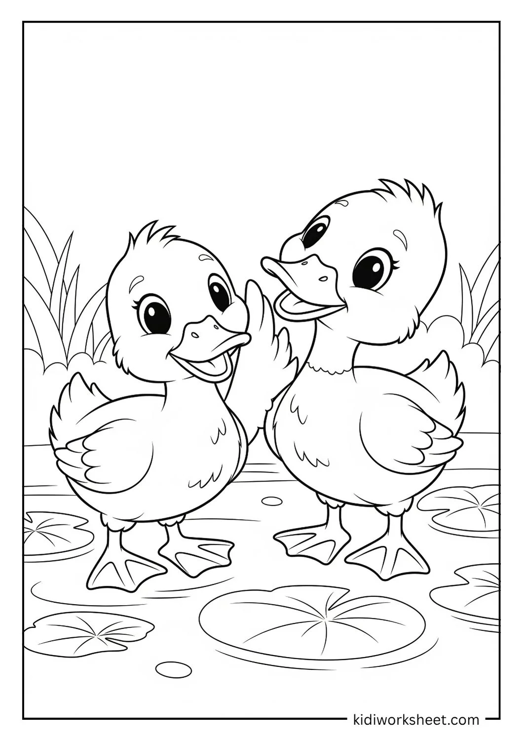 Two ducklings by pond