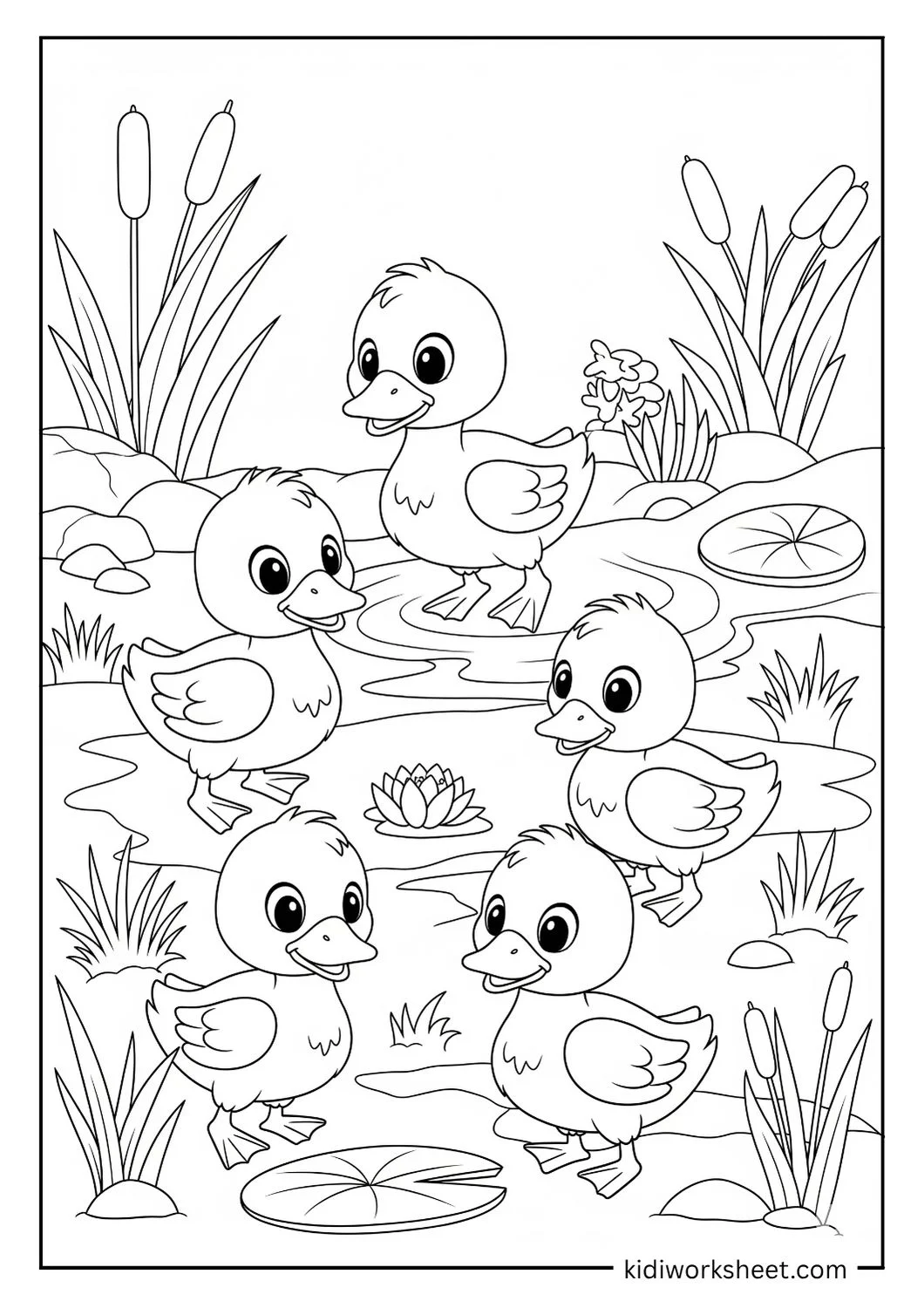 Five ducklings in pond