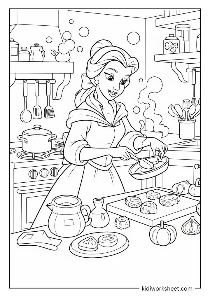 Belle cooking in kitchen