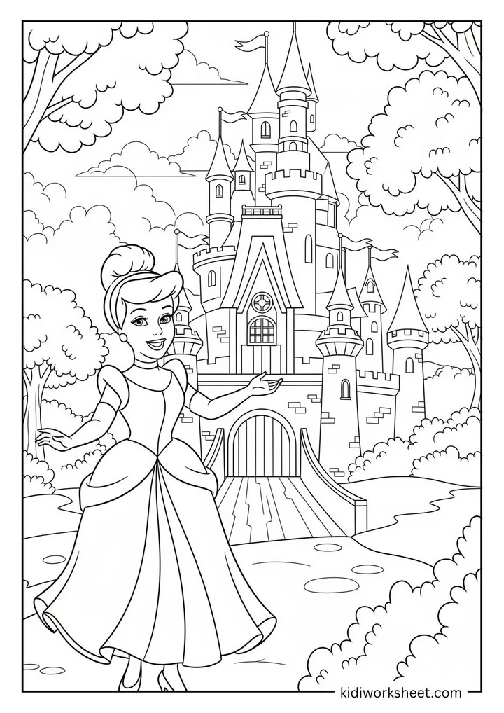 Cinderella at castle entrance