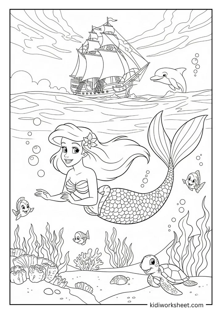 Ariel, ship, and dolphin