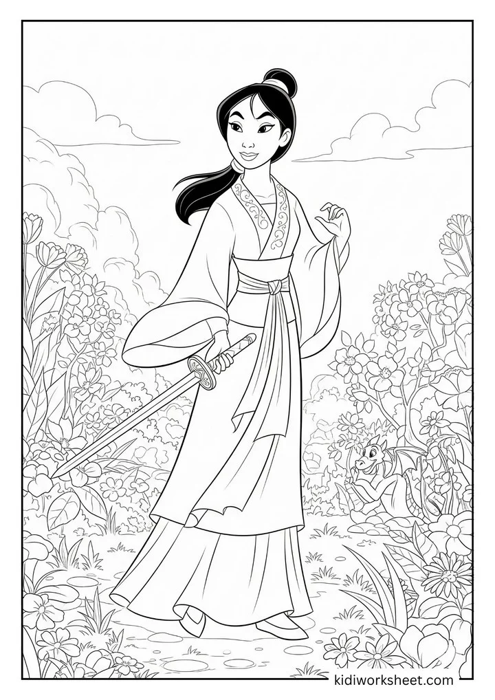 Mulan with sword and Mushu