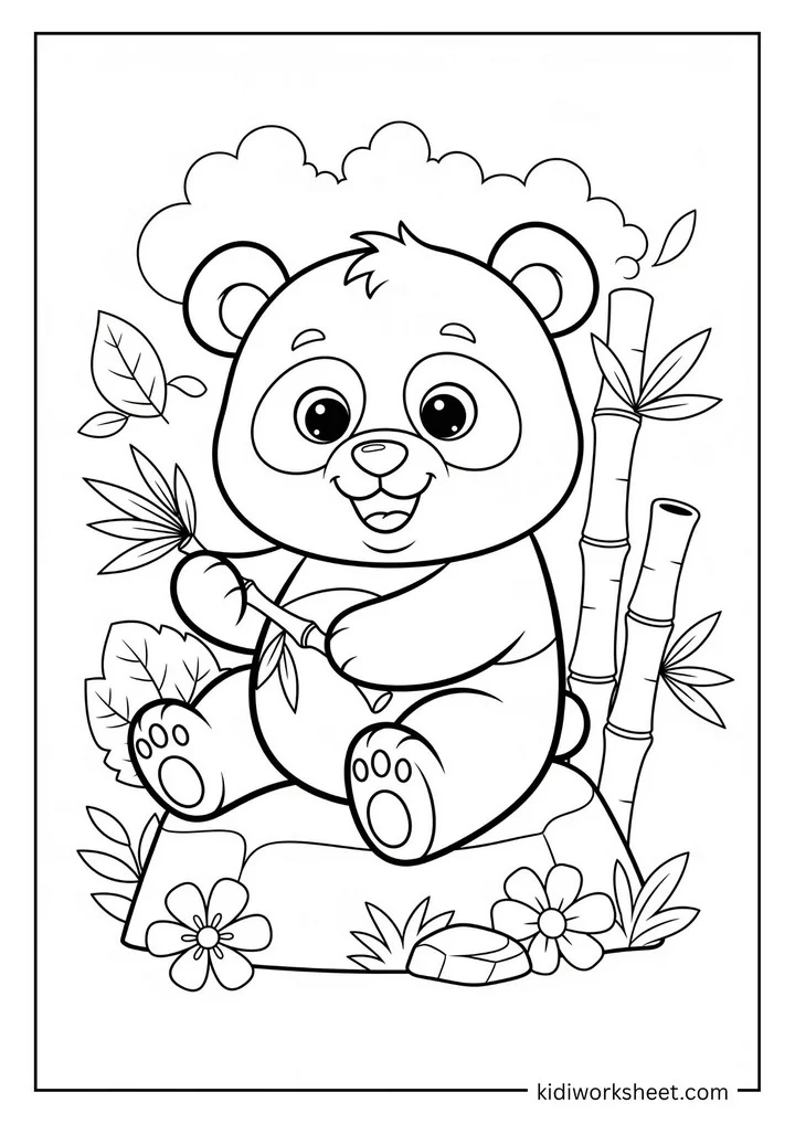 Panda on rock with bamboo