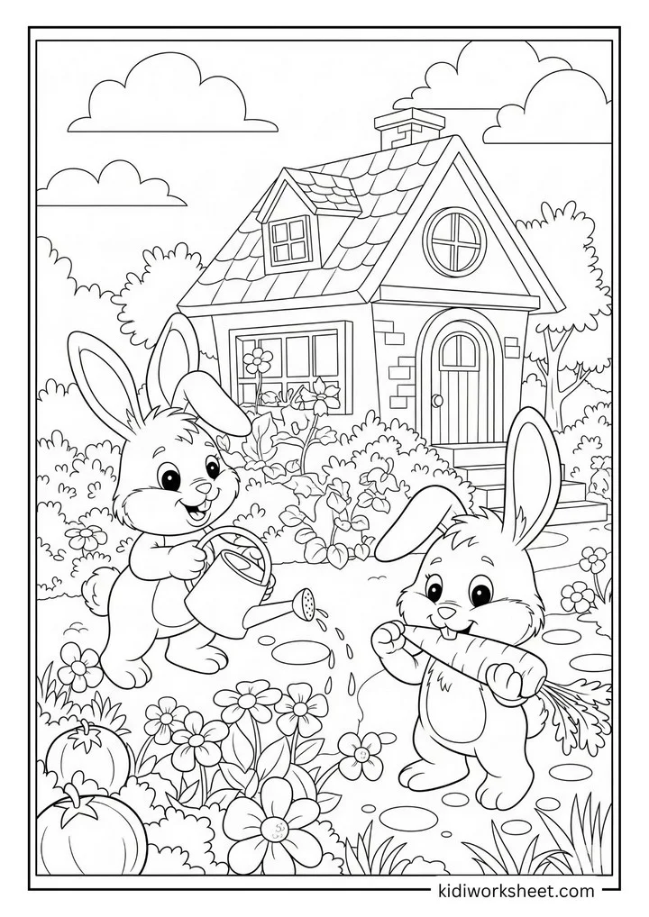Bunnies in garden with house