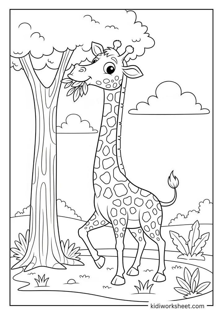 Giraffe eating tree leaves