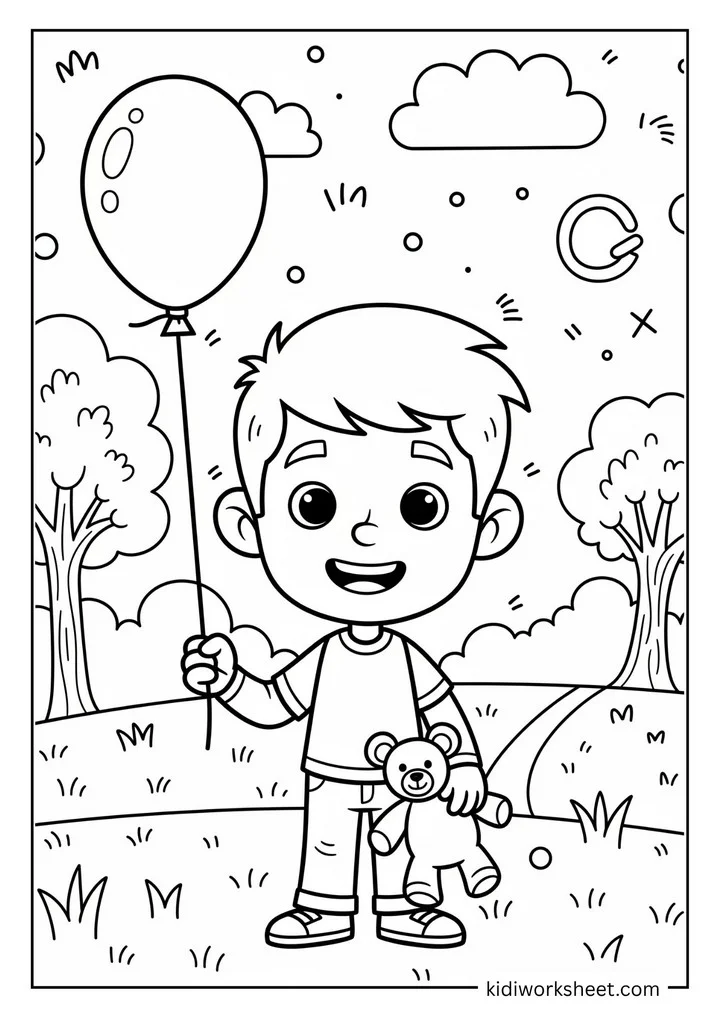 A boy with a balloon and teddy bear