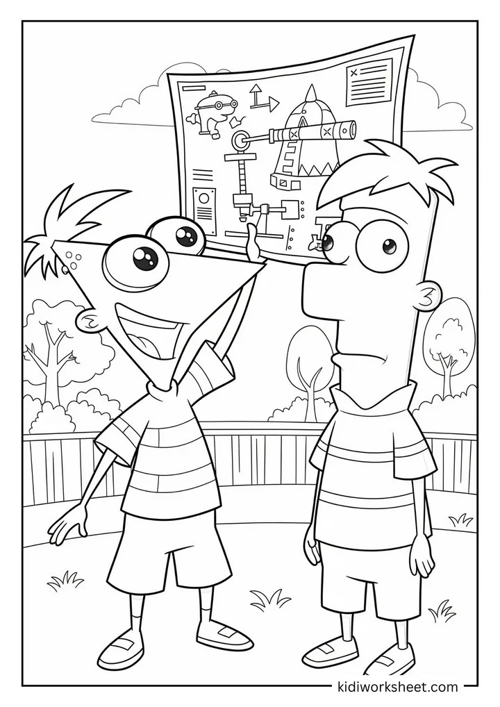 Phineas and Ferb with a blueprint