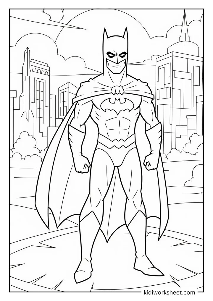 Batman posing in a detailed city