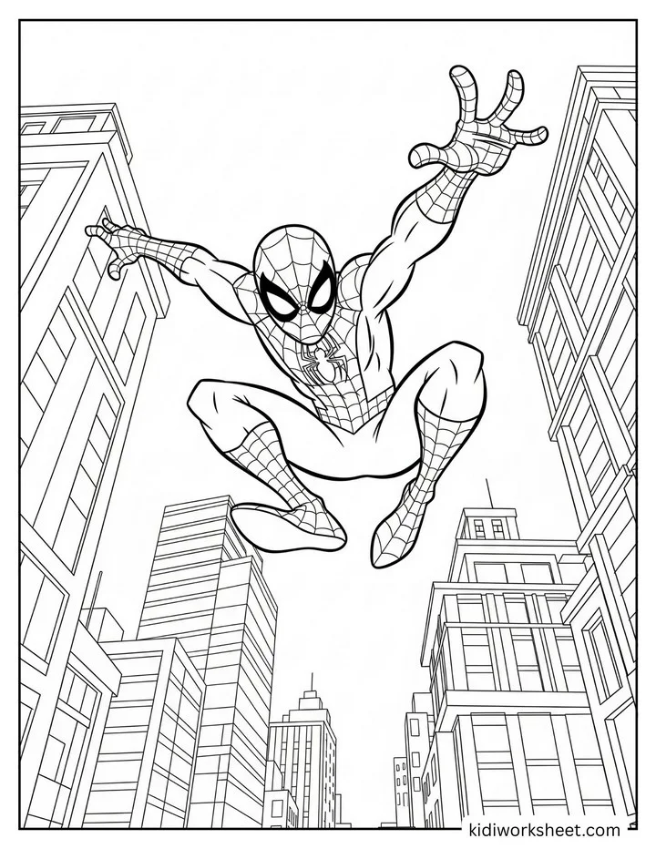Spiderman Swinging Through City