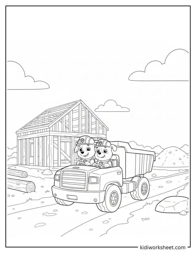 Two pups driving a dump truck